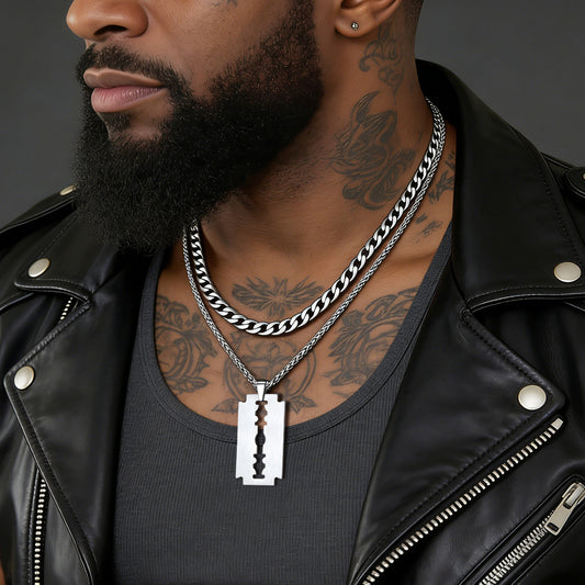 Cuban Chain & Eboy Razor Blade Necklace Set for Men - 2 Piece Gothic Jewelryimg