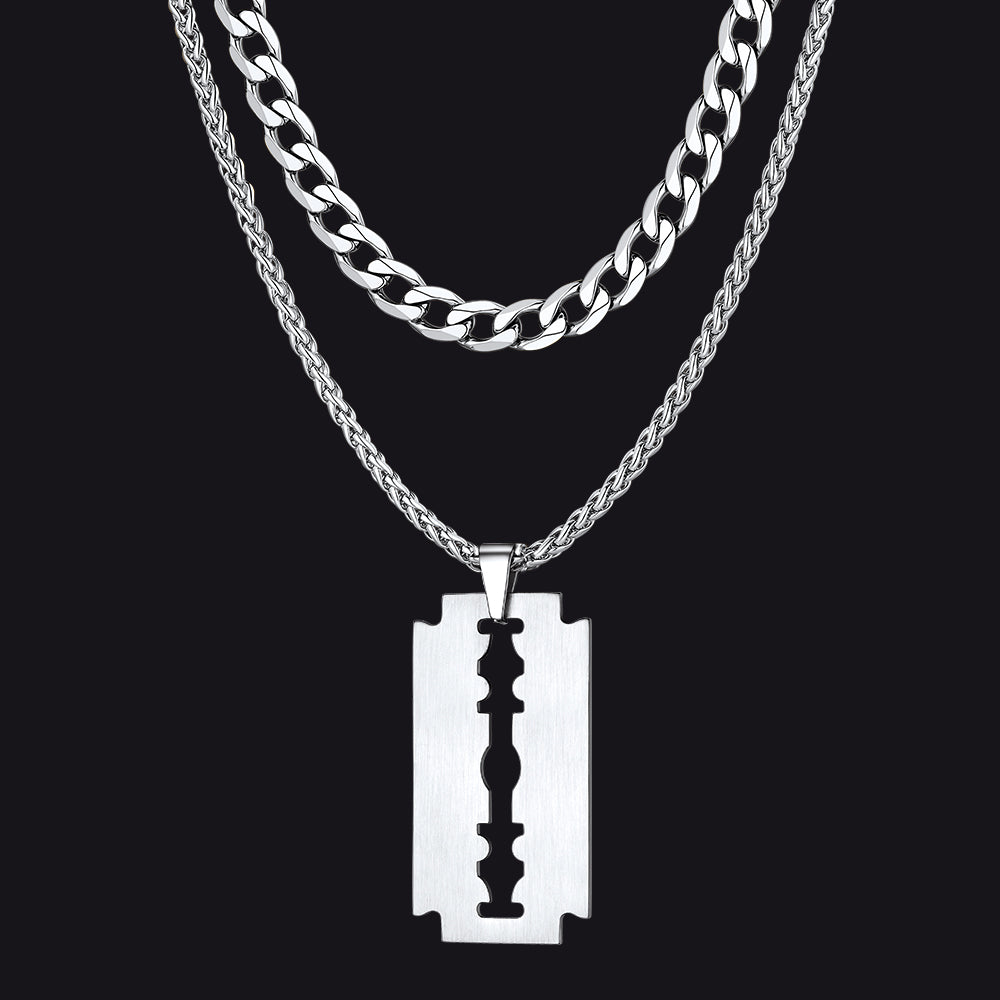 Cuban Chain & Eboy Razor Blade Necklace Set for Men - 2 Piece Gothic Jewelry