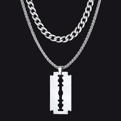 Cuban Chain & Eboy Razor Blade Necklace Set for Men - 2 Piece Gothic Jewelry