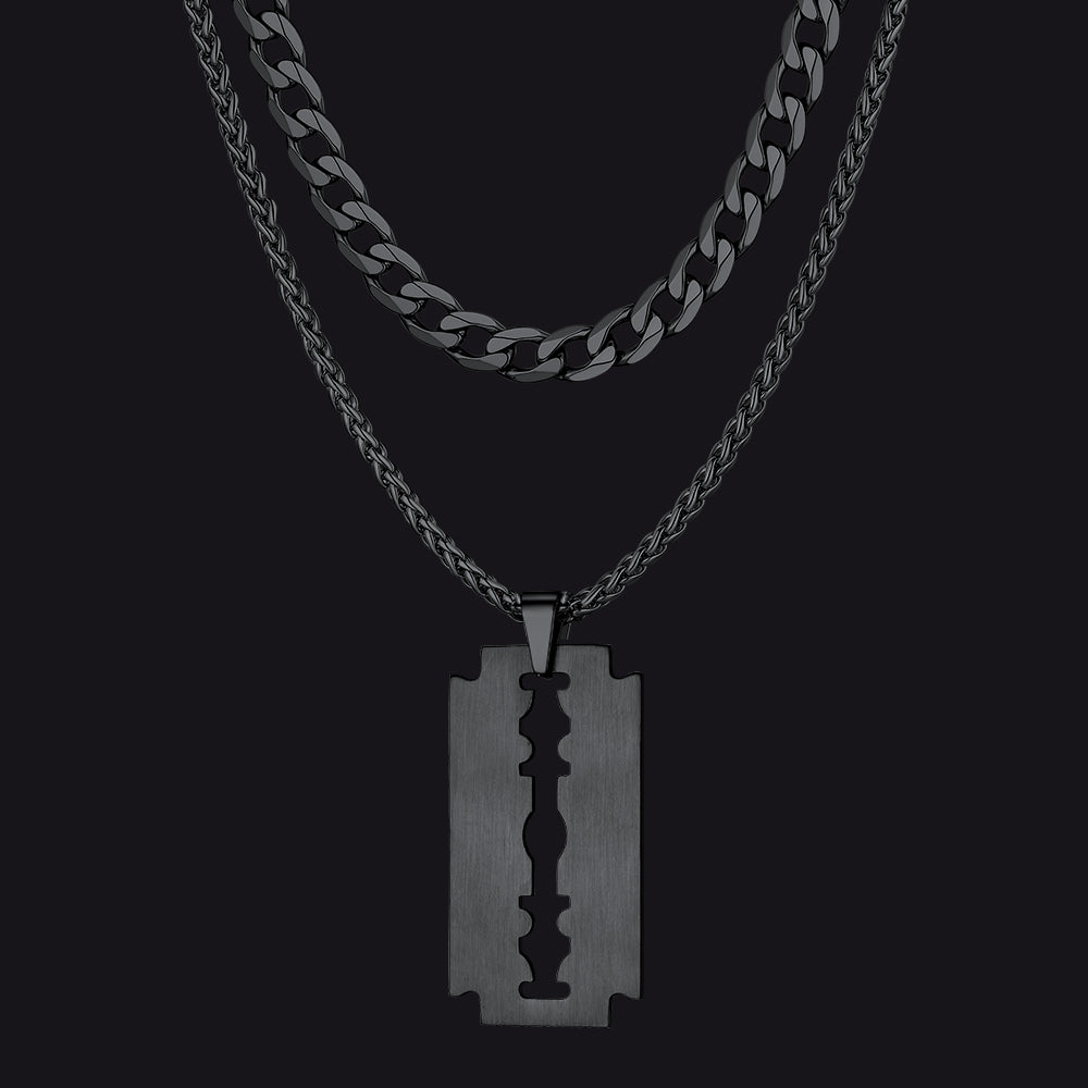 Cuban Chain & Eboy Razor Blade Necklace Set for Men - 2 Piece Gothic Jewelry