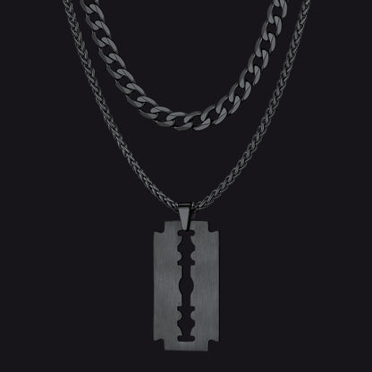 Cuban Chain & Eboy Razor Blade Necklace Set for Men - 2 Piece Gothic Jewelry