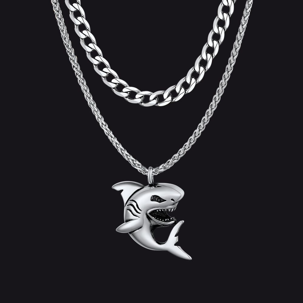 Steel Cuban Chain & Punk Shark Necklace Set for Men