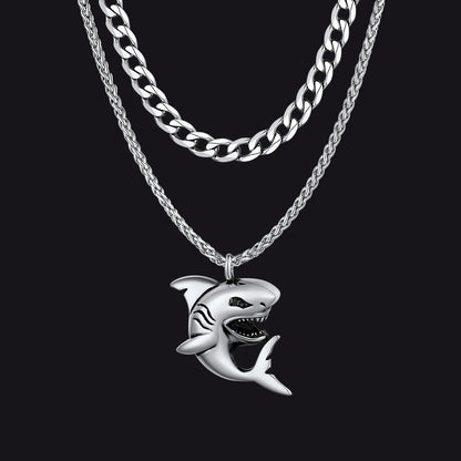 Steel Cuban Chain & Punk Shark Necklace Set for Men