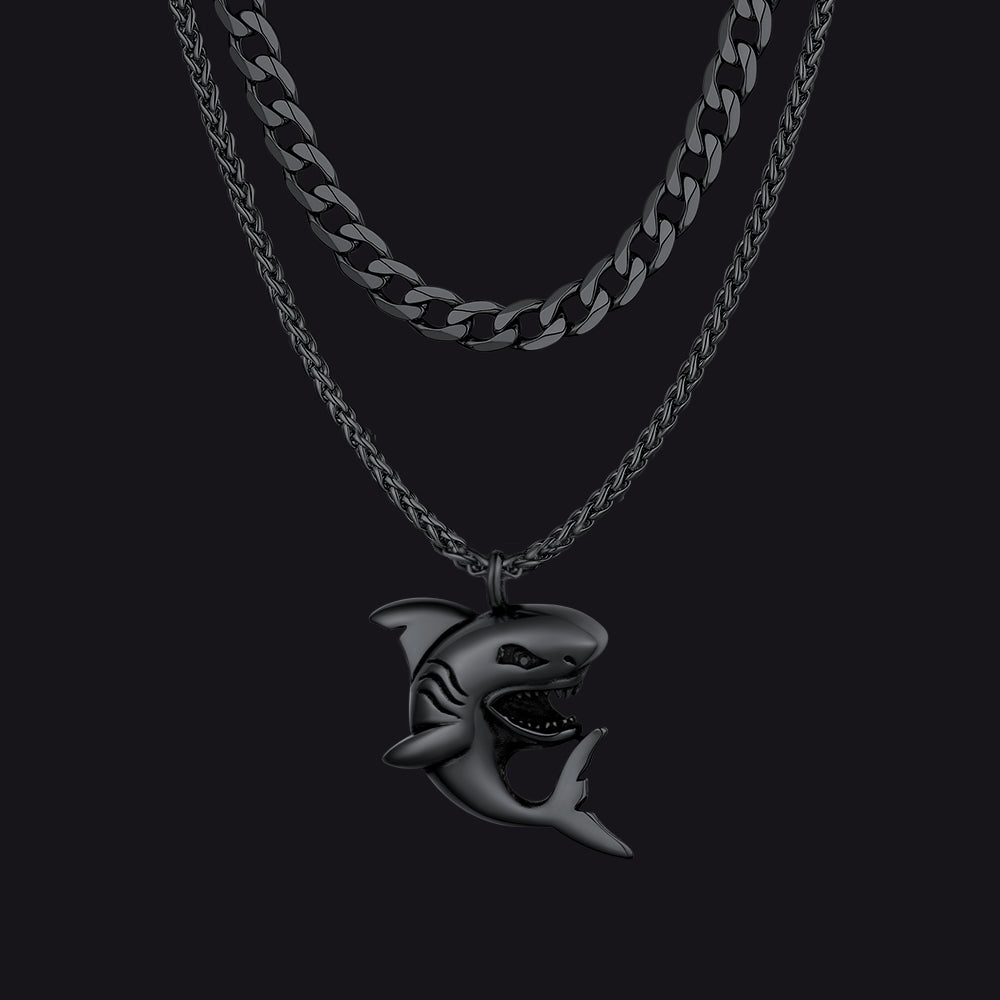 Black Cuban Chain & Punk Shark Necklace Set for Men