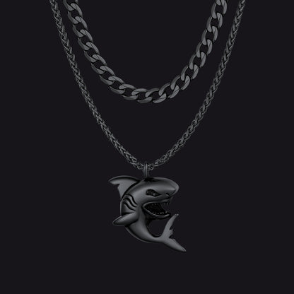 Black Cuban Chain & Punk Shark Necklace Set for Men