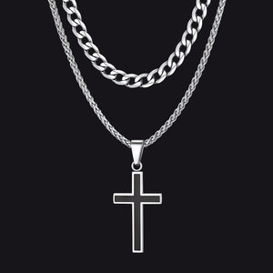 Cuban Chain & American Flag Cross Layered Necklaces Set for Men  Steel