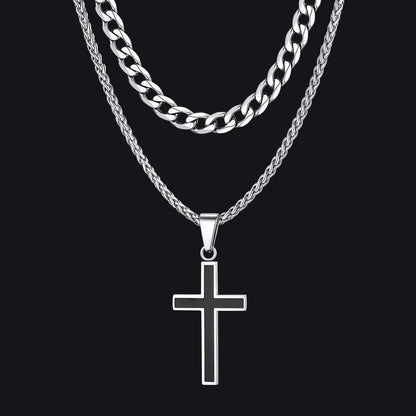 Cuban Chain & Enamel Cross Necklace Layered Necklaces Set for Men