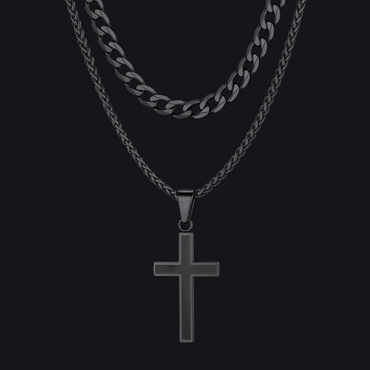 Cuban Chain & Enamel Cross Necklace Layered Necklaces Set for Men