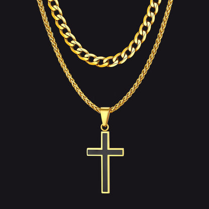 Cuban Chain & Enamel Cross Necklace Layered Necklaces Set for Men