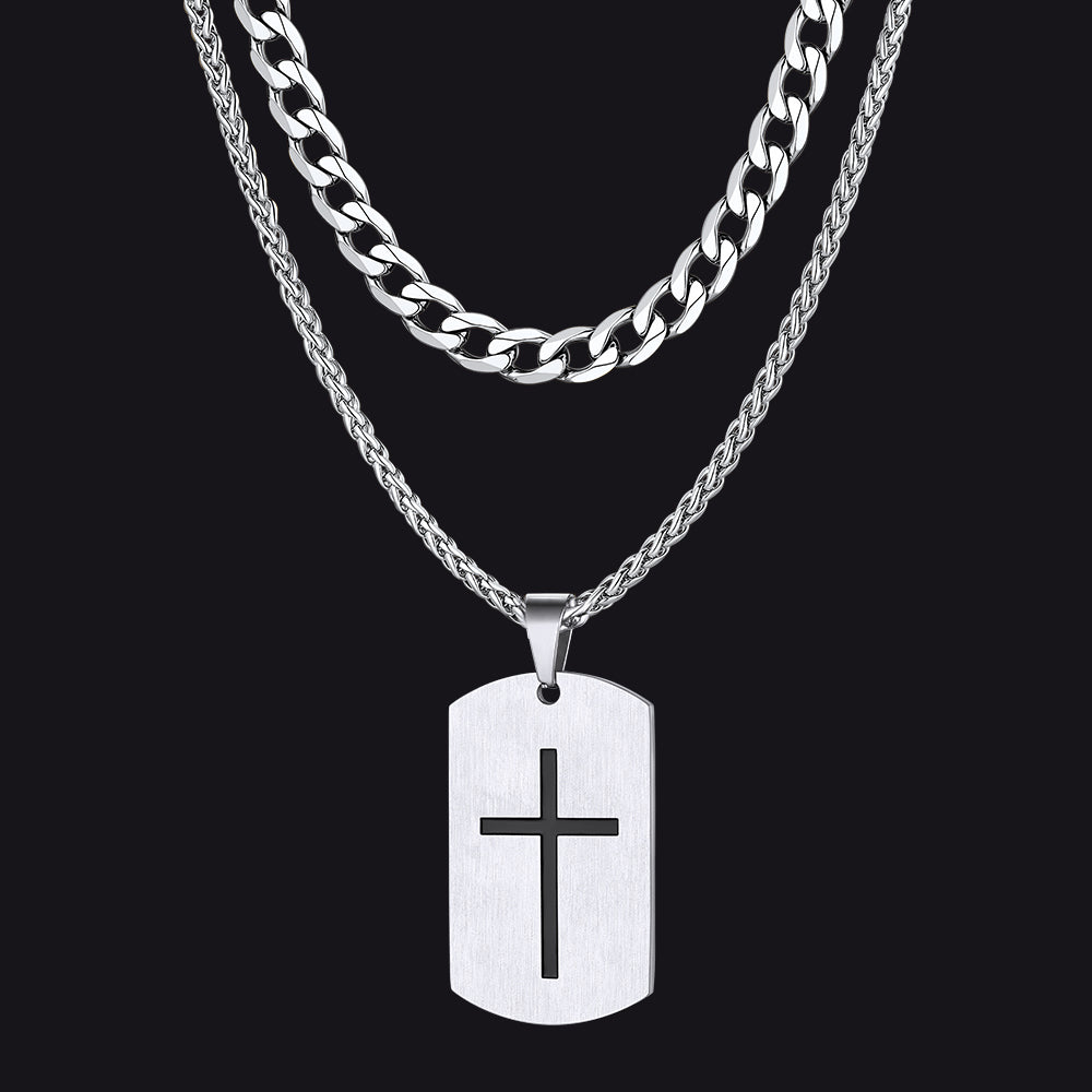 Cuban Chain & Joshua 1:9 Dog Tag Necklace Set for Men