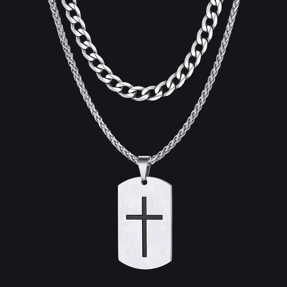 Cuban Chain & Joshua 1:9 Dog Tag Necklace Set for Men