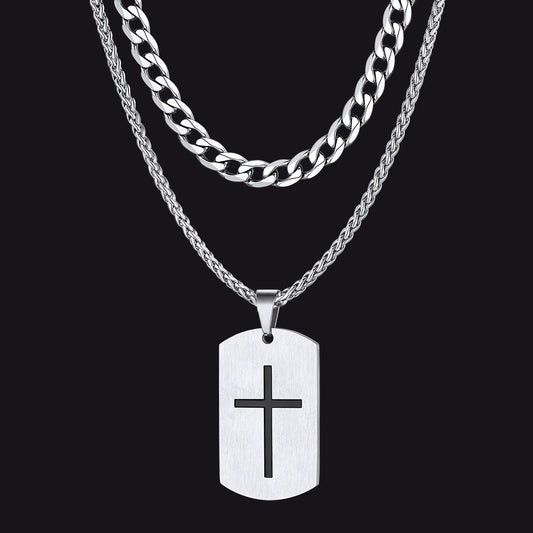 Cuban Chain & Joshua 1:9 Dog Tag Necklace Set for Menimg
