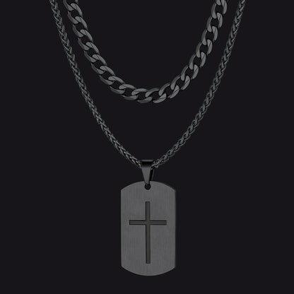Cuban Chain & Joshua 1:9 Dog Tag Necklace Set for Men