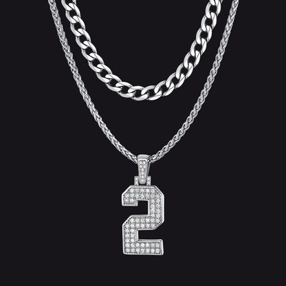 Cuban Chain & CZ Baseball Jersey Number Necklace Layered Set for Men