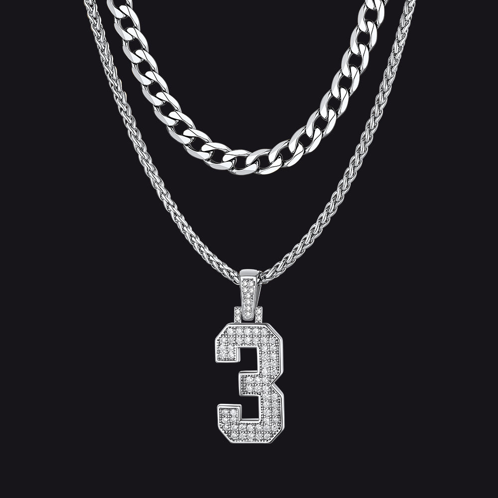Cuban Chain & CZ Baseball Jersey Number Necklace Layered Set for Men