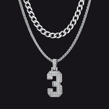 Cuban Chain & CZ Baseball Jersey Number Necklace Layered Set for Men