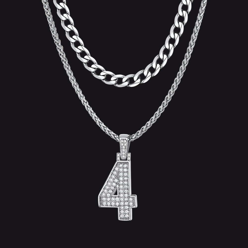 Cuban Chain & CZ Baseball Jersey Number Necklace Layered Set for Men