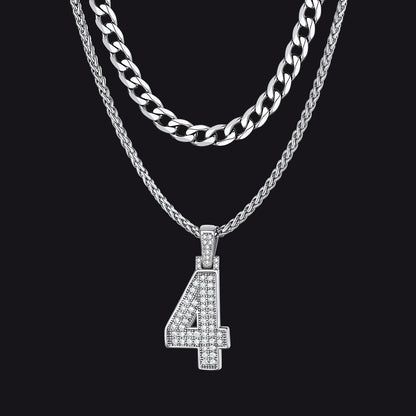 Cuban Chain & CZ Baseball Jersey Number Necklace Layered Set for Men