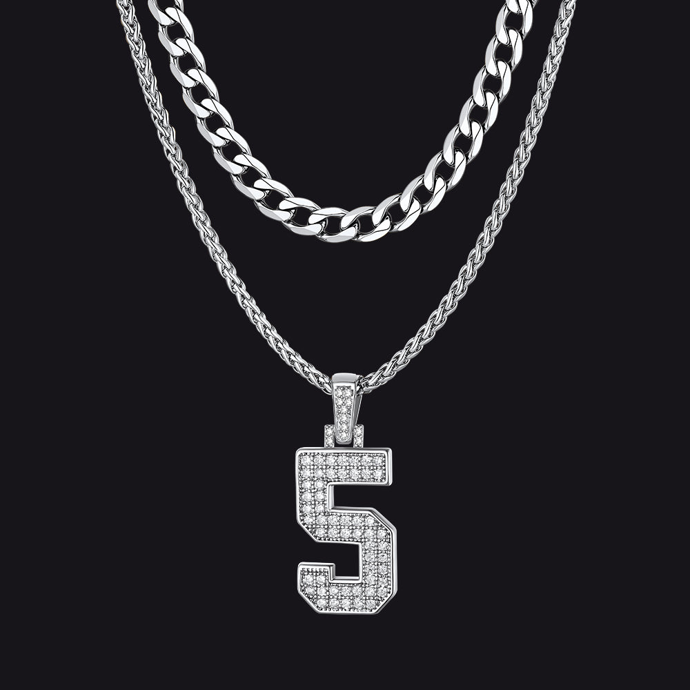 Cuban Chain & CZ Baseball Jersey Number Necklace Layered Set for Men