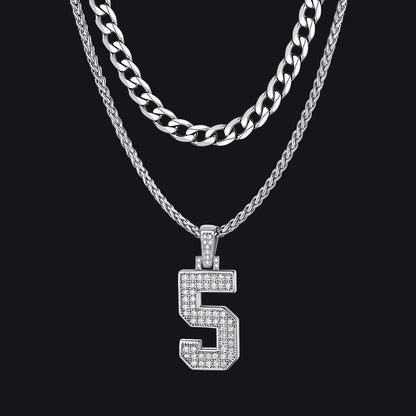 Cuban Chain & CZ Baseball Jersey Number Necklace Layered Set for Men