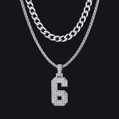 Cuban Chain & CZ Baseball Jersey Number Necklace Layered Set for Men