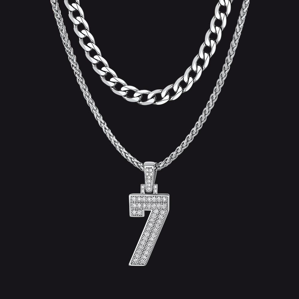 Cuban Chain & CZ Baseball Jersey Number Necklace Layered Set for Men
