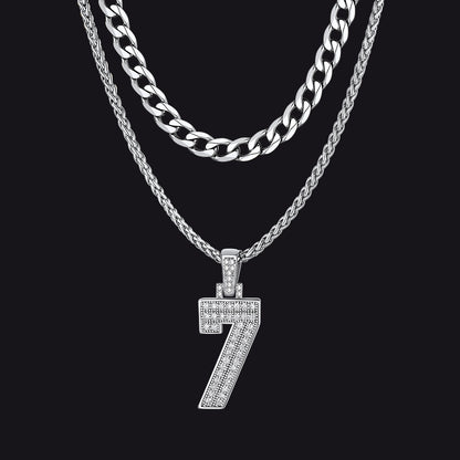 Cuban Chain & CZ Baseball Jersey Number Necklace Layered Set for Men