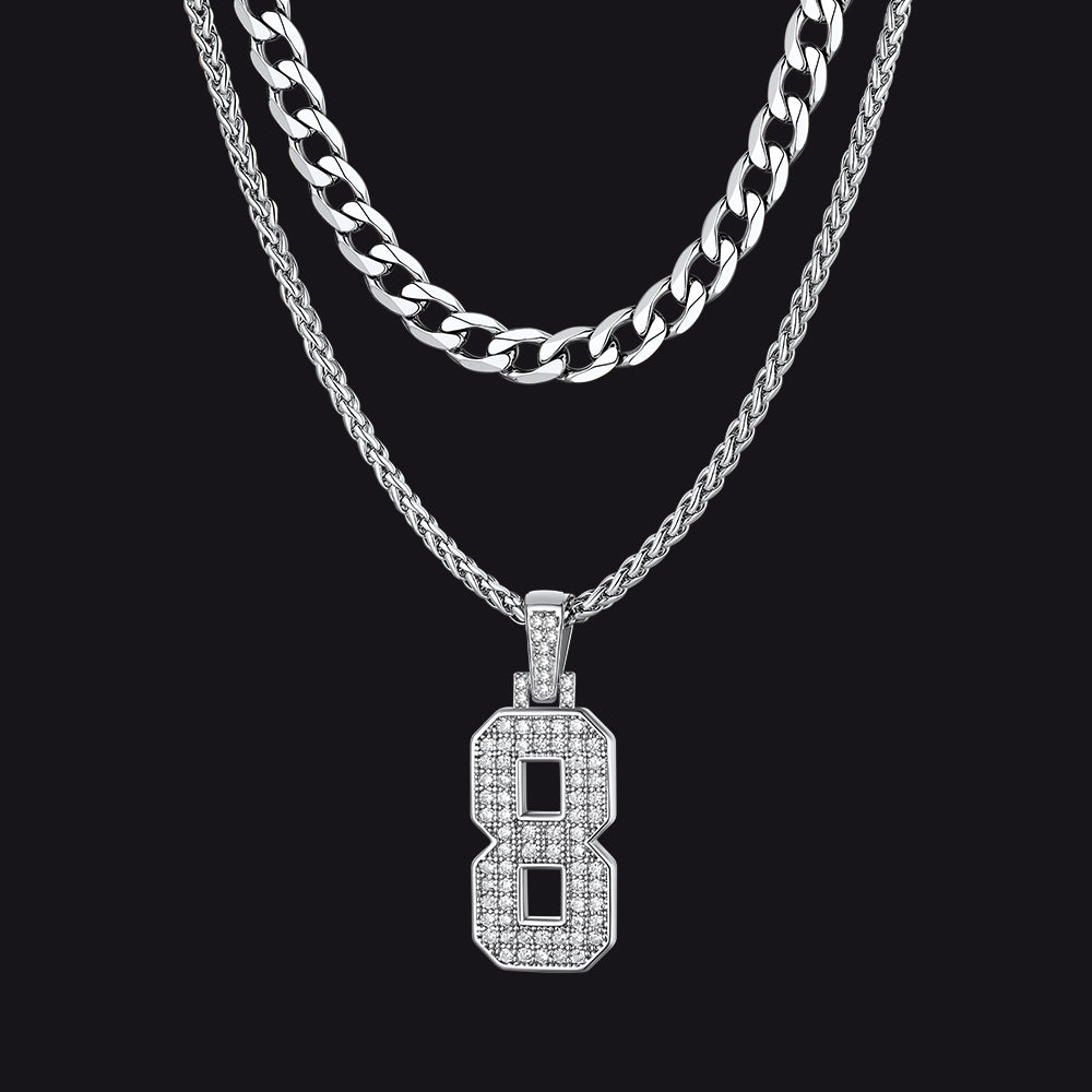 Cuban Chain & CZ Baseball Jersey Number Necklace Layered Set for Men