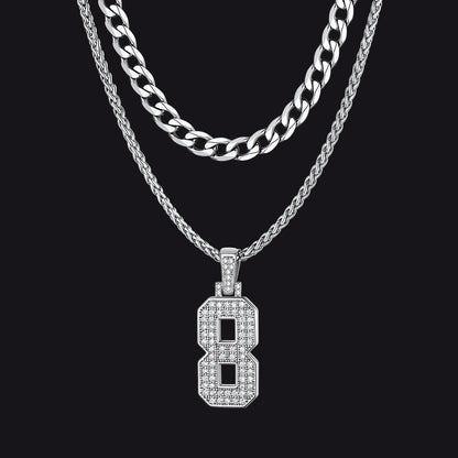 Cuban Chain & CZ Baseball Jersey Number Necklace Layered Set for Men