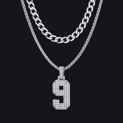 Cuban Chain & CZ Baseball Jersey Number Necklace Layered Set for Men