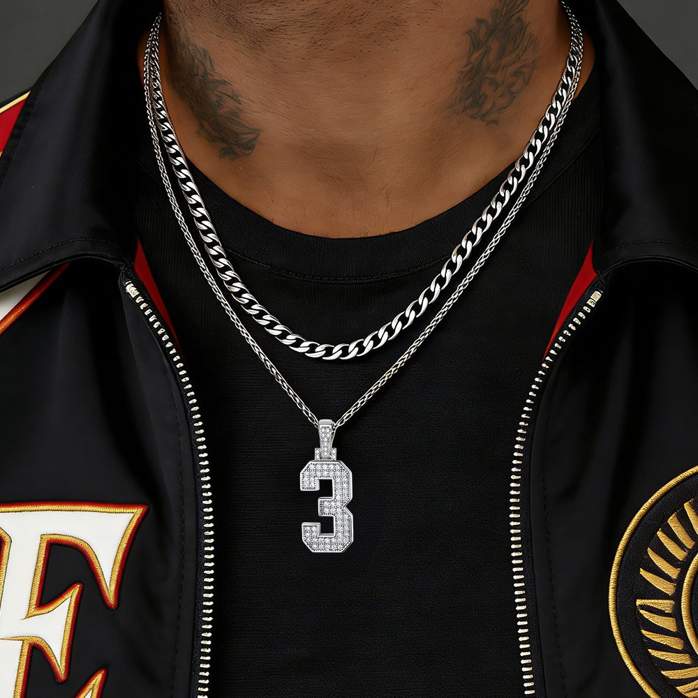 Cuban Chain & CZ Baseball Jersey Number Necklace Layered Set for Men
