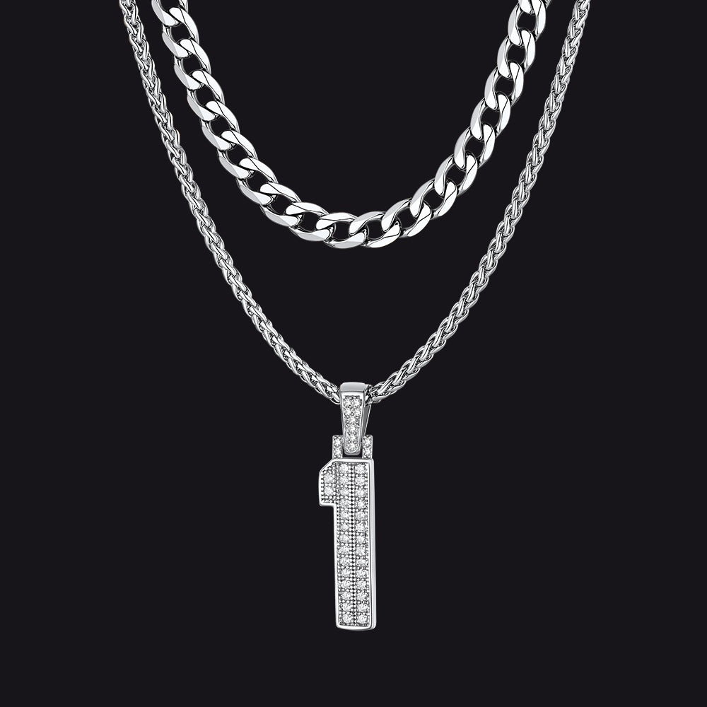 Cuban Chain & CZ Baseball Jersey Number Necklace Layered Set for Men