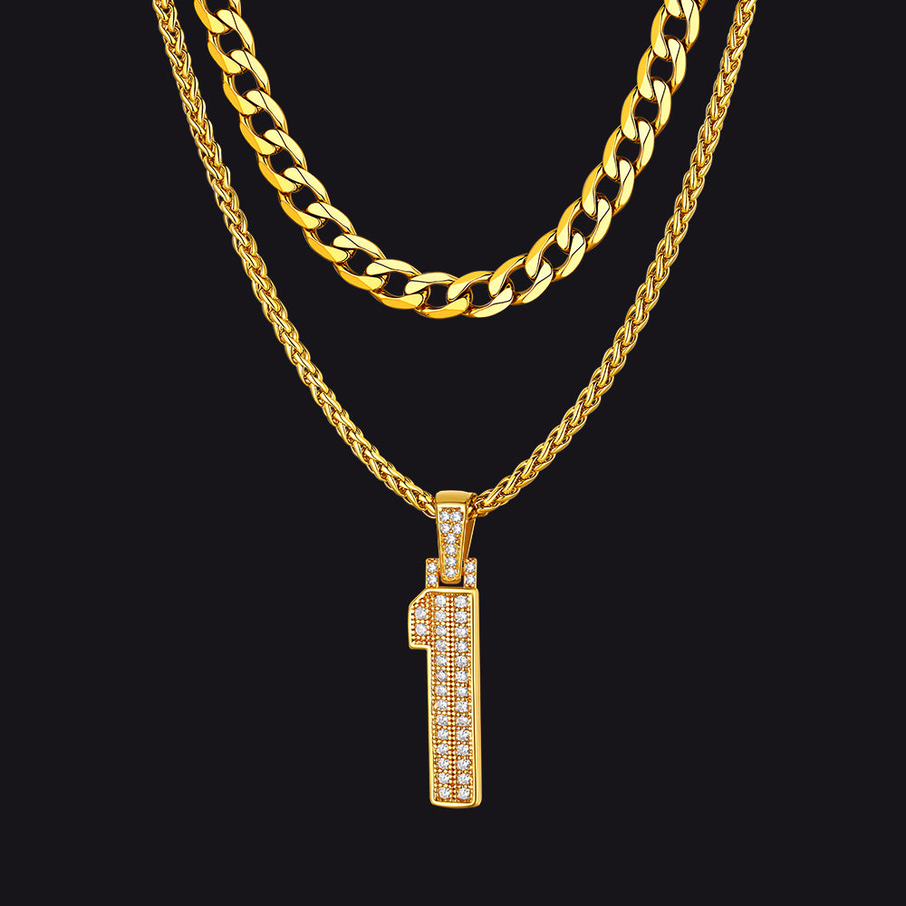 Cuban Chain & CZ Baseball Jersey Number Necklace Layered Set for Men