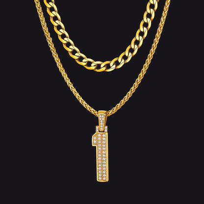 Cuban Chain & CZ Baseball Jersey Number Necklace Layered Set for Men