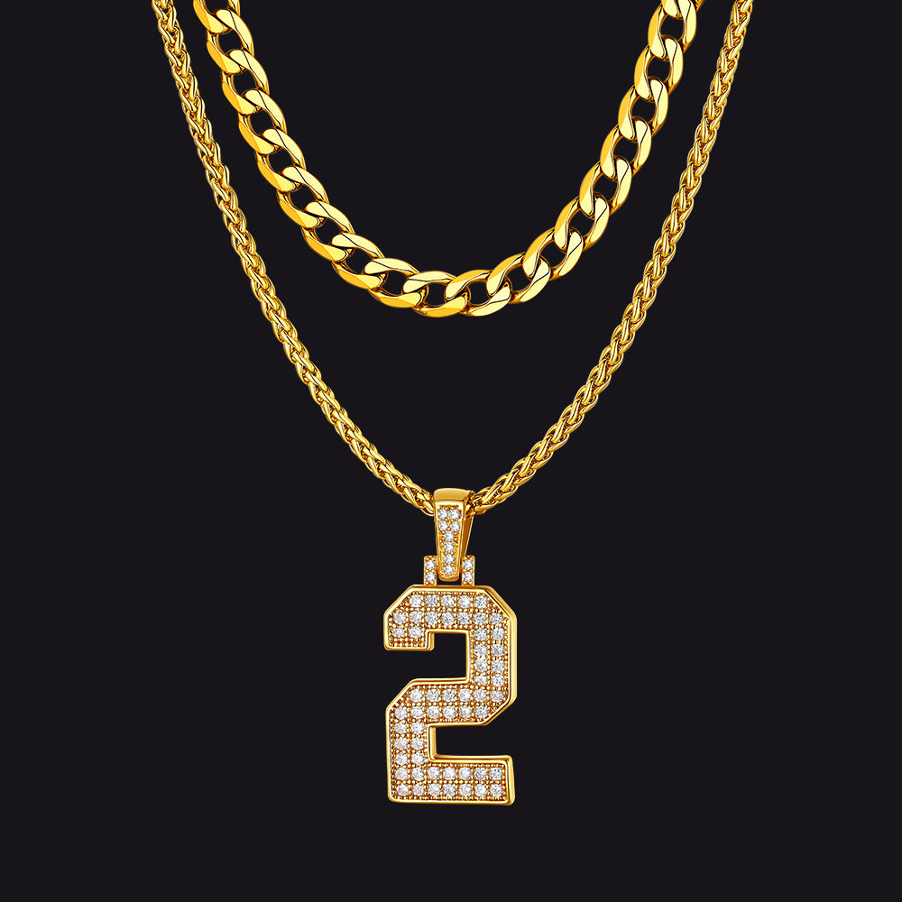 Cuban Chain & CZ Baseball Jersey Number Necklace Layered Set for Men