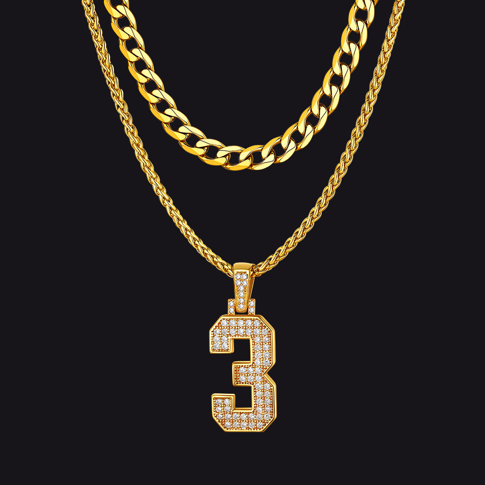 Cuban Chain & CZ Baseball Jersey Number Necklace Layered Set for Men