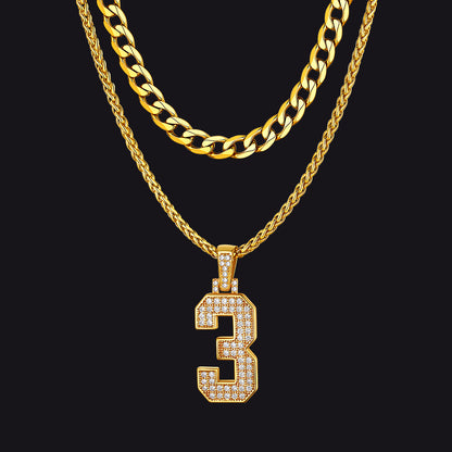 Cuban Chain & CZ Baseball Jersey Number Necklace Layered Set for Men