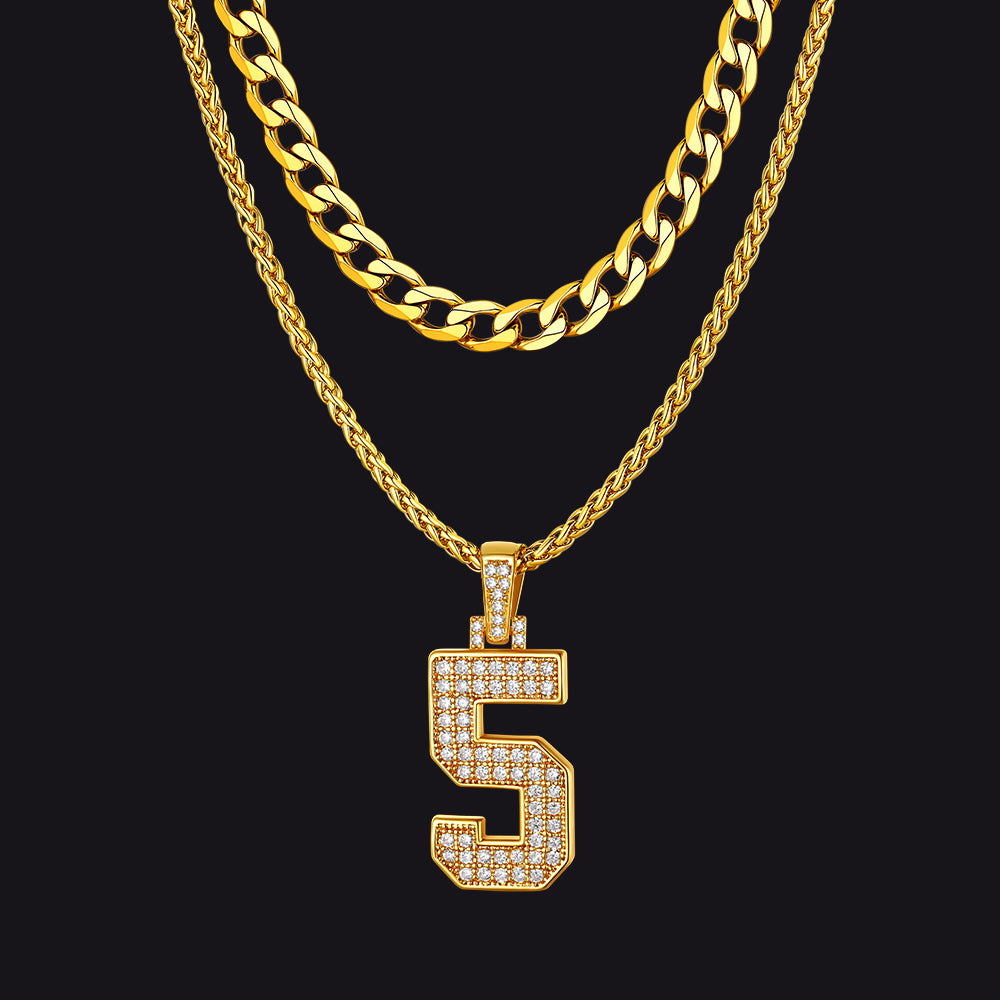Cuban Chain & CZ Baseball Jersey Number Necklace Layered Set for Men