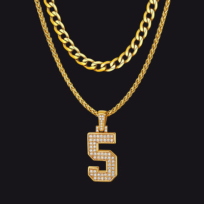 Cuban Chain & CZ Baseball Jersey Number Necklace Layered Set for Men
