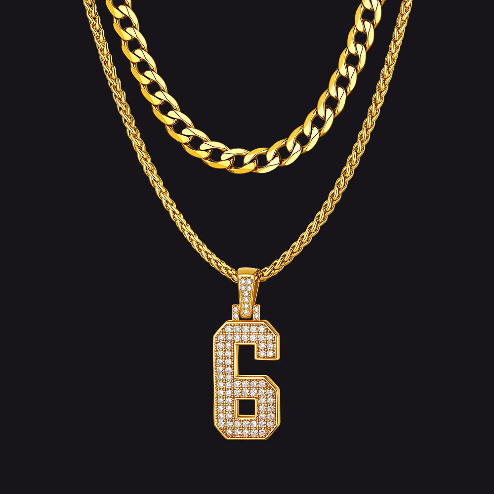 Cuban Chain & CZ Baseball Jersey Number Necklace Layered Set for Men