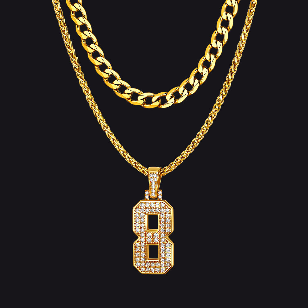 Cuban Chain & CZ Baseball Jersey Number Necklace Layered Set for Men
