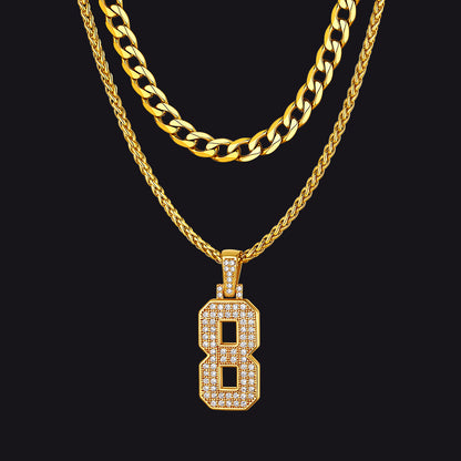 Cuban Chain & CZ Baseball Jersey Number Necklace Layered Set for Men