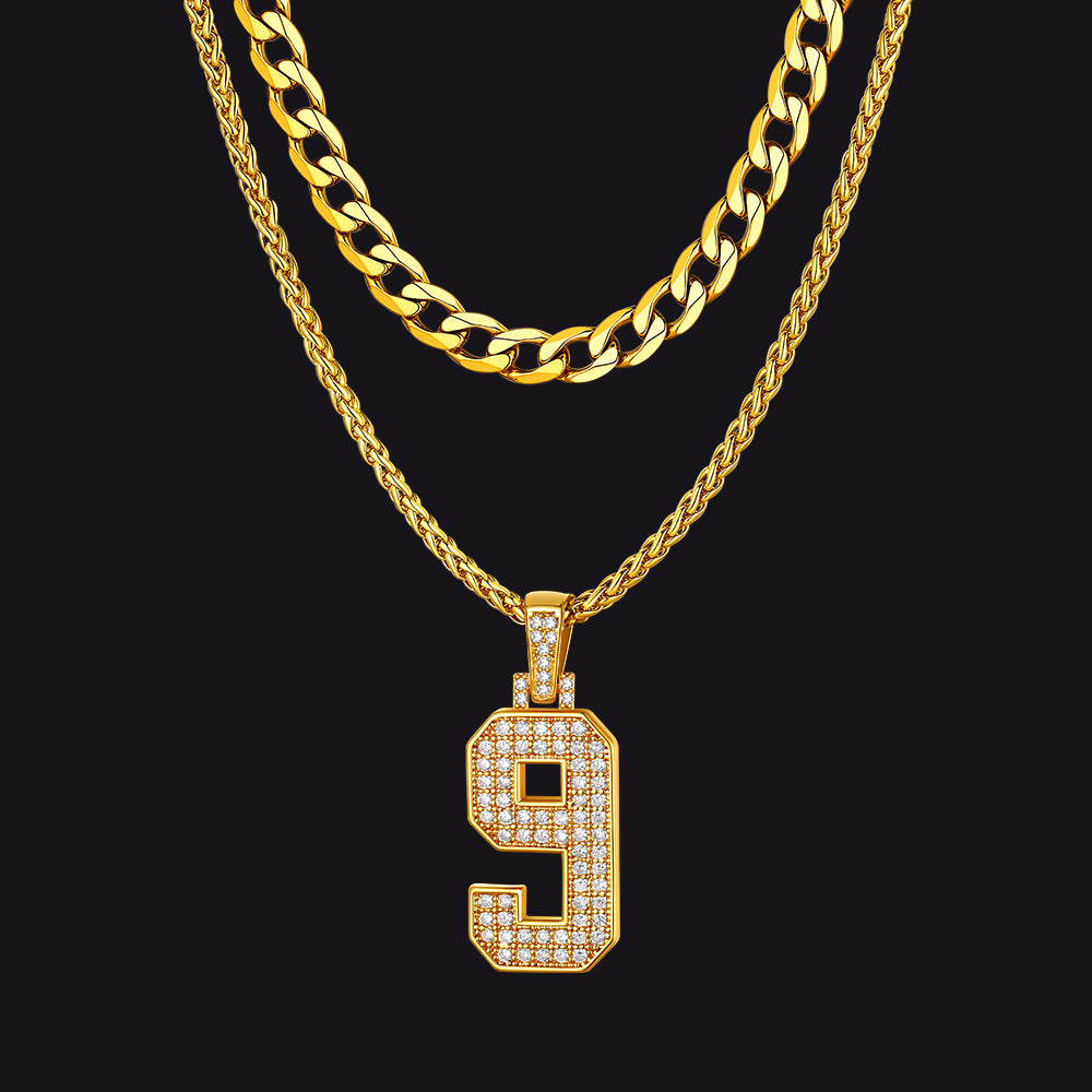 Cuban Chain & CZ Baseball Jersey Number Necklace Layered Set for Men