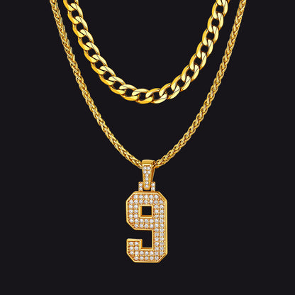 Cuban Chain & CZ Baseball Jersey Number Necklace Layered Set for Men