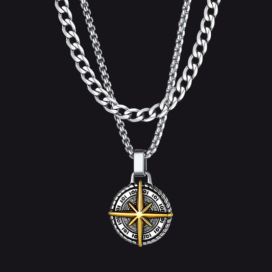 Layered Cuban chain and compass pendant necklacesimg
