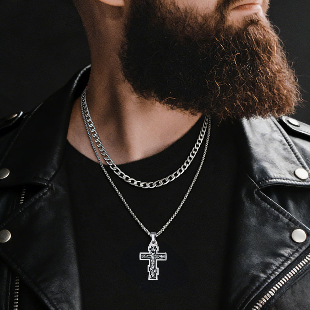 men wearing russian orthodox cross layered cuban chain