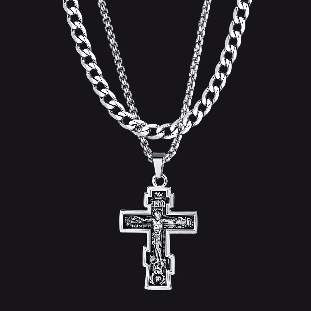 cuban chain russian orthodox cross necklace set for men