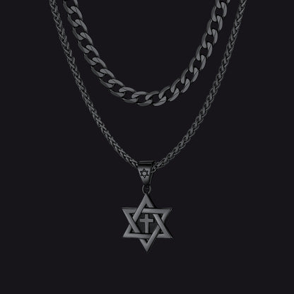 Black Cuban chain necklace with Star of David and cross pendants for men