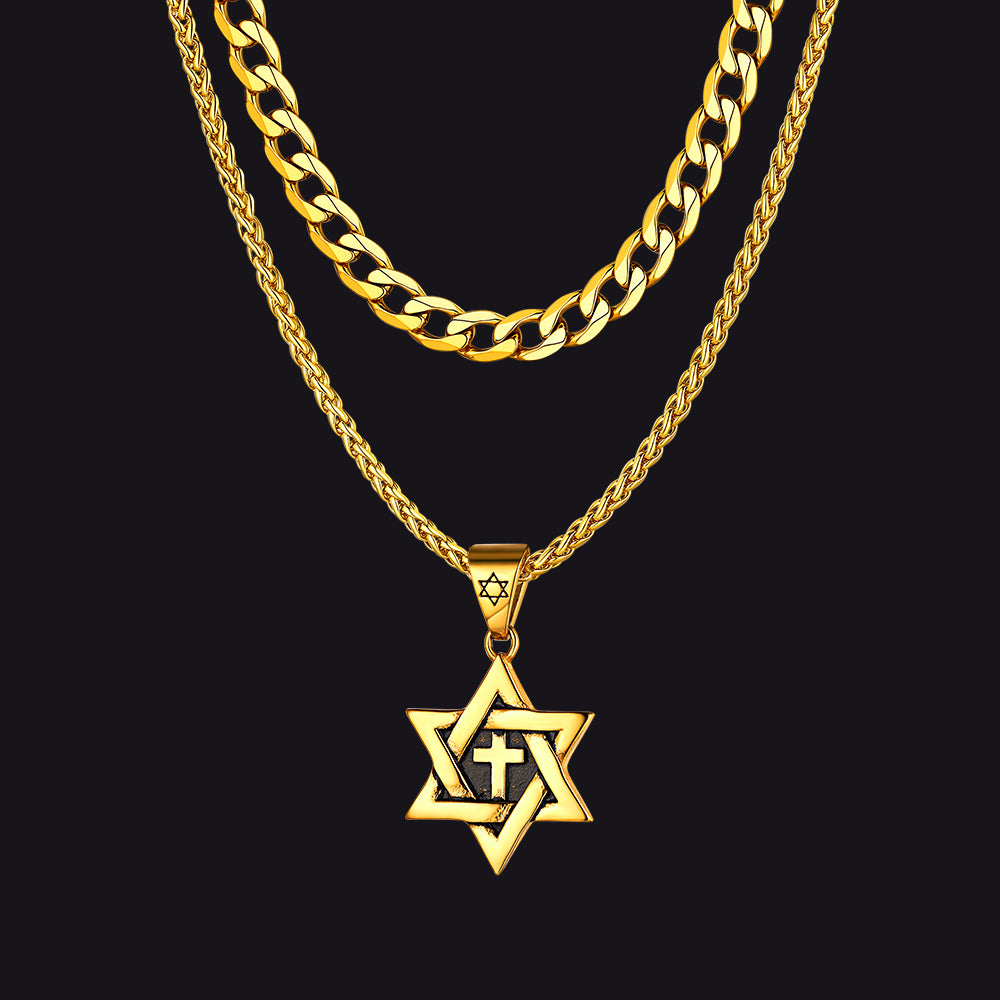 Gold Cuban chain necklace with Star of David and cross pendants for men