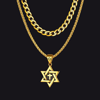 Gold Cuban chain necklace with Star of David and cross pendants for men